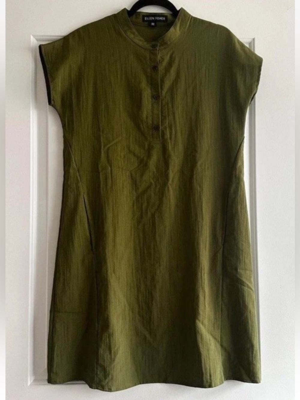 Eileen Fisher NWT Corin Organic Linen Mandarin Collar Midi Dress Olive Green SP